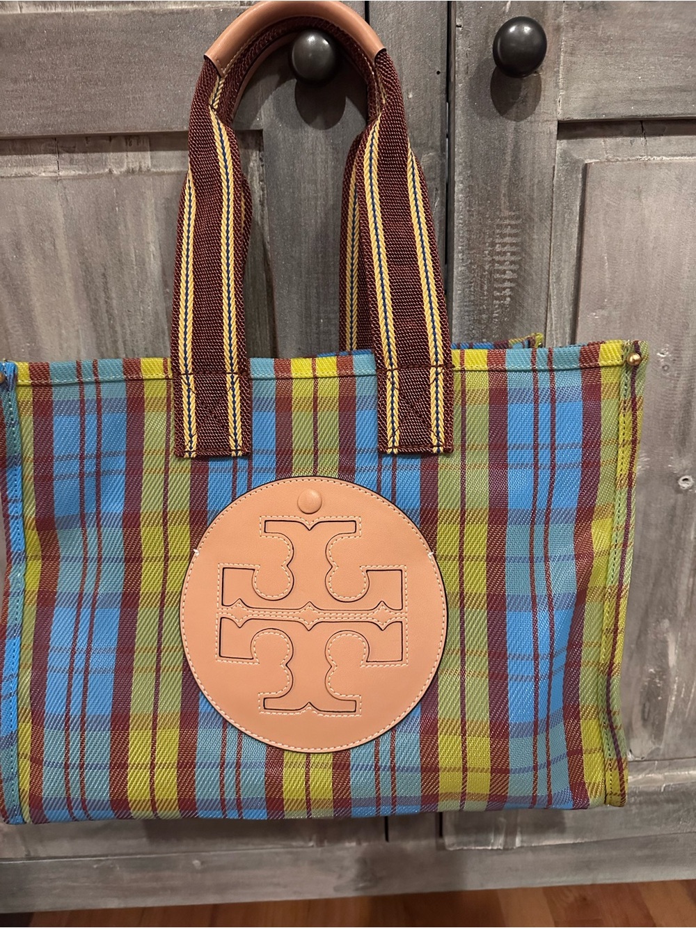 Tory Burch Multicolor Plaid Mesh Tote with Tan Leather Logo